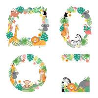 Cartoon animals frame. Green tropical palm tree leaves with tiger, lion, giraffe, koala and elephant borders vector