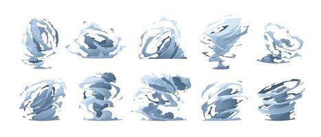 Cartoon tornado effect. Windy cyclone hurricane whirlwind animation sprite, fast hurricane wind vortex destruction sprite asset. Vector isolated set