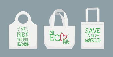 Eco fabric bag. Textile reusable handbag with text say no to plastic bag. Shopper made of recyclable material vector