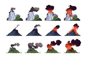 Volcano eruption. Cartoon volcanic mountain with different stages of explosion, flow magma, fire and smoke, crater with lava, ash and gases. Vector flat set