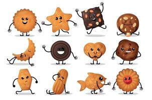 dibujos animados galleta caracteres. linda galletas con expresiones, gracioso caras de dulce bocadillo comida con emociones y gestos vector conjunto