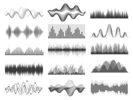 Sound waves. Graphic music soundwave frequency. Pulse lines, radio equalizer, voice record or impulse wave. Audio player chart vector set