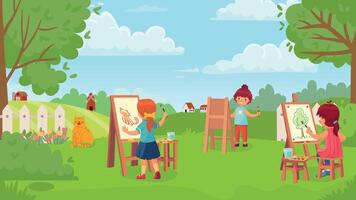 Kids drawing picture in garden, art class vector