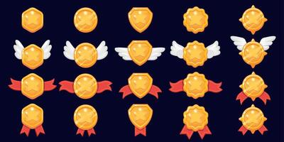 Game star level. Cartoon 2D game asset of victory award and win medals with colorful shiny stars, rank rating and level up interface elements. Vector isolated set