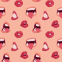 Cartoon mouth pattern. Seamless print of face expressions with opened and closed mouth, lips teeth and tongue. Vector texture