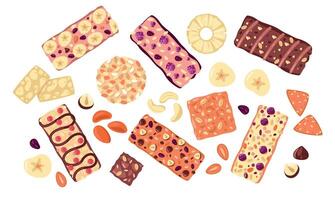 Healthy snaks. Natural food snacks with healthy vegetarian ingredients. Colorful vegan food bars with dried berries and nuts vector illustration