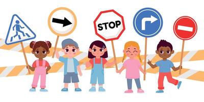 grupo de niños participación detener la carretera señales, precaución para conductores chico y niña con tráfico simbolos niños calle la seguridad dibujos animados vector concepto