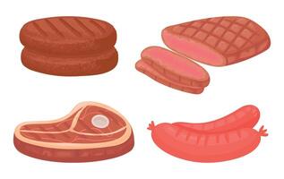 Cartoon meat food. Raw product ingredients as patty, steak and sausages for butchery store. Organic meat vector