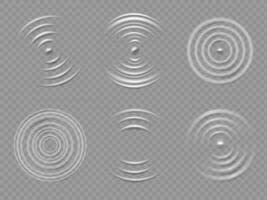 Ripples top view. Realistic water concentric circles and liquid circular waves. Round sound wave splash effects. 3d drop rings vector set