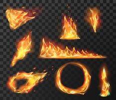 Realistic fire flame elements. Burning effects of fireball, circle, torch and wildfire. Flare blazing flames with bright sparks vector set