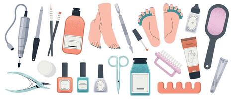 Pedicure tools. Manicure and pedicure set with nail cutter, nail polish brush, lotion and cream, feet wellness therapy in cartoon style. Vector flat set