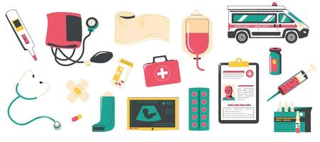 Medical tools set. Doodle drug store hospital supplies, pharmaceutical equipment and pills, cartoon first aid elements. Vector collection