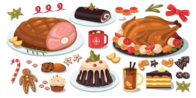 Navidad comida colocar. dibujos animados tradicional Navidad cena con asado pavo, horneado dulce pasteles y postres, Turquía cena con té y café. vector plano colección