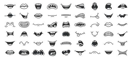 Doodle smile. Cartoon mouth with different face expression, laugh anger and scary emotion pop art sketch. Vector hand drawn funny mouths isolated collection