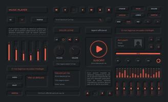 neumorfismo botones, lista de reproducción menú, íconos y volumen deslizadores para música aplicación audio jugador usuario interfaz elementos en negro diseño vector conjunto