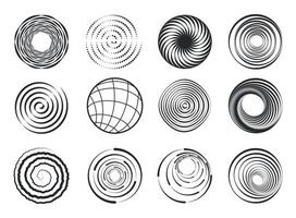 Spiral shapes. Abstract swirl geometric figures, modern wavy circle spiral abstract elements, motion black border design elements vector