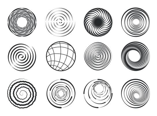 Spiral shapes. Abstract swirl geometric figures, modern wavy circle spiral abstract elements, motion black border design elements