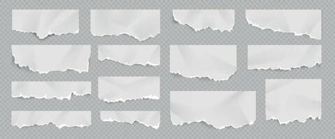 realista Rasgado y rasgado blanco papel sábana con pliegues cuaderno página con chatarra borde. q.e.p.d blanco documento piezas y Nota jirones vector conjunto