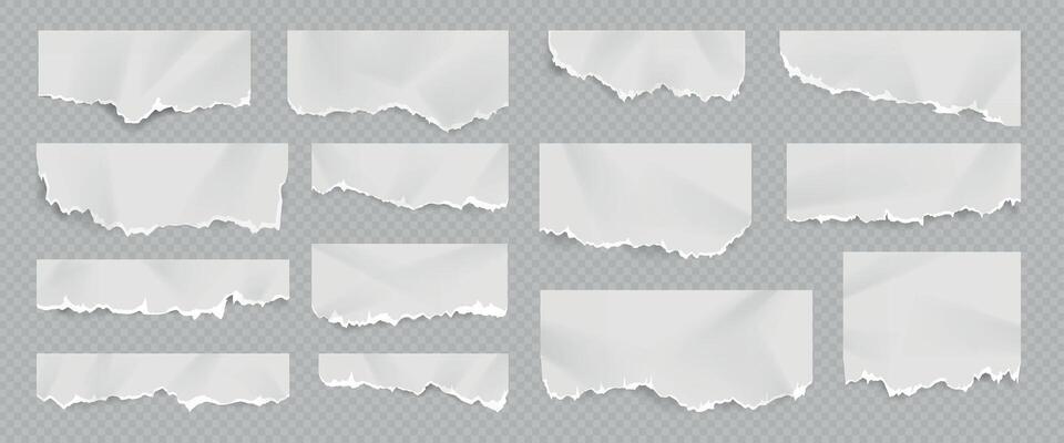 Realistic torn and ripped white paper sheet with folds. Notebook page with scrap edge. Rip blank document pieces and note shreds vector set
