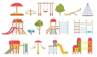 Playground equipment. Kids park carousels, swings and game modules with slides. Climbing wall and sandpit. Flat outdoor play area vector set