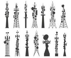 radio torre silueta. satélite comunicación antena. telecomunicaciones red celular transmitir equipo. inalámbrico tecnología mástiles vector conjunto