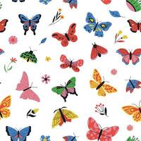 Butterflies pattern. Seamless print of colored cartoon flying insects, fashion repeat background for textile, wallpaper, fabric design. Vector texture