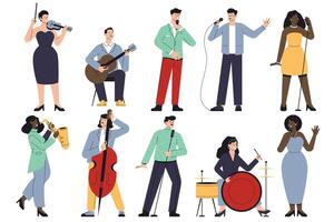 Singers and musicians characters. Cartoon musicians and band members, jazz and rock musicians playing instruments and performing. Vector set