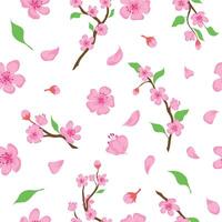 Pink sakura blossom flowers, petals and branches seamless pattern. Japanese spring cherry blooming print. Romantic floral vector wallpaper