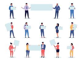 People holding boards. Mass of man woman characters with empty banners, group of activists with blank placards cartoon style. Vector isolated set