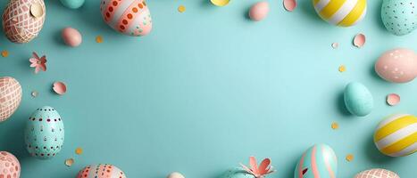 AI Generated Colorful Easter chocolate eggs with paper cut cherry blossom flowers flat lay on blue background. Trendy Easter Eggs banner. Springtime festive holiday banner for ad with copy space for photo