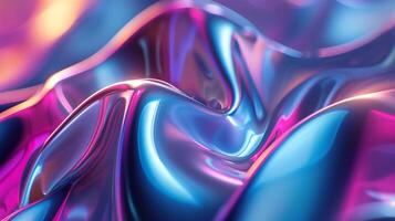 AI Generated Lively neon 3D-shaped fluid waves on a gradient backdrop. Futuristic holographic abstract concept with radiant liquid shapes for desktop wallpaper. Glowing, vibrant, dynamic background. photo