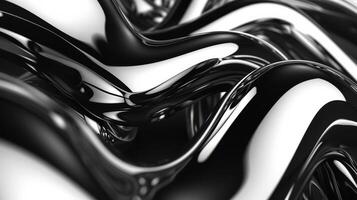 AI Generated Glistening fluid waves in black and white hues chromatic backdrop. Silver-colored glossy metal surface. Retro psycho 3D-shaped desktop wallpaper. photo