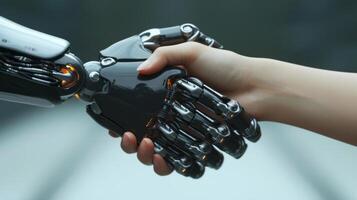 AI Generated AI robot handshake a human hand. Digital and human interaction in the futuristic digital age of advanced robotics and technology. Science and artificial intelligence. photo
