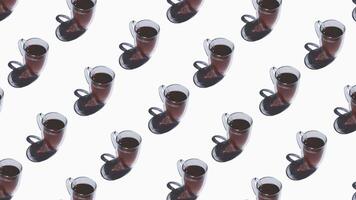 modelo con muchos té tazas animado en blanco antecedentes. té tazas con caliente bebida moverse en diferente direcciones. 4k video
