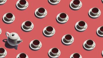 Pattern with lonely teapot and many cups of tea animated on red background. Tea mugs move in different directions. 4K video