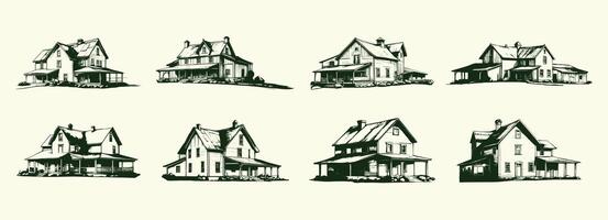 AI generated farm house sketch illustration set, hand drawn style. rustic farm, countryside house drawing, vector illustration