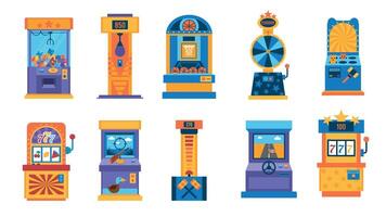 Retro game machine. Gaming computer, mini basketball, crane machine and retro gambling amusement device. Vector 90s retro machinery set