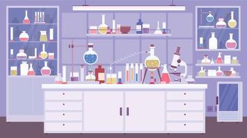 Flat chemical lab room interior with scientist equipment. Chemistry classroom or science laboratory with experiment on table, vector scene