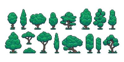 píxel arboles dibujos animados 8 poco retro juego naturaleza planta y ambiente objeto, vídeo juego duende activo. vector bosque paisaje elementos aislado conjunto