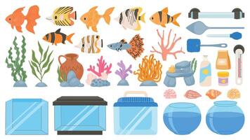 Cartoon aquarium fish, food, decoration, tank, tools and equipment. Underwater seaweeds, corals and seashells. Aquarium accessory vector set