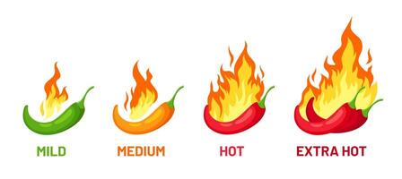 picante chile escala. pimienta con fuego para especia fuerza niveles leve, medio y extra caliente para salsa o comida etiquetas, logo y menú, vector conjunto