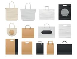 Realistic shopping paper, plastic and cloth tote bag mockups. Eco reusable white bags with handle. Corporate branding bags design vector set