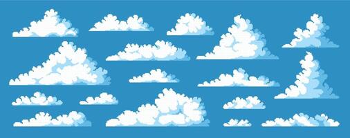 Pixel clouds. 8 bit game asset collection, videogame background environment element, cartoon heaven blue sky. Vector interface concept art