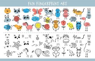 Paint with finger prints. Kids fingerprint learning art game and quiz worksheet with characters. Education drawing for children vector sheet