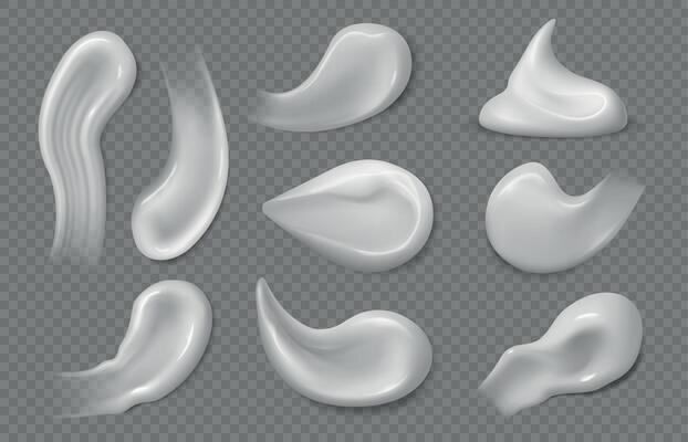 Cosmetic white cream. Sunscreen gel texture, skincare product smears and strokes. Face skin moisturizer mousse, creams isolated vector set