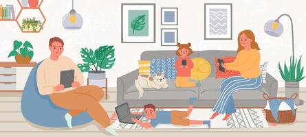 familia con artilugio. padres y niños a hogar utilizando teléfono inteligente, tableta y ordenador portátil para social medios de comunicación y juego. artilugio adiccion vector concepto