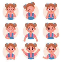 linda niño niña avatar facial emociones y sentimientos. pequeño niño cara emoji con enojado, triste, feliz, conmoción y pregunta expresión vector conjunto