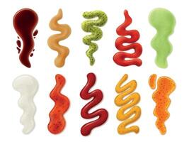 Realistic sauces strips. Tomato ketchup, mayonnaise, mustard, cheese and wasabi spicy sauce spots, splashes and stain 3d isolated vector set