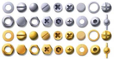 Gold and metal screw, rivet and bolt heads top view. 3d brass and steel nail, buttons, hexagon and circle shaped nuts with thread vector set