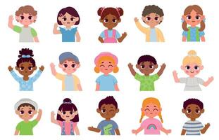 Cartoon children multiethnic characters hello by waving hands. Kids smiling portraits. Happy kindergarten boys and girls welcome vector set